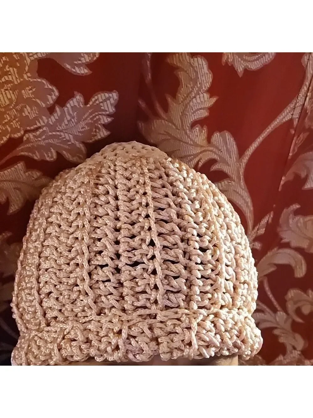 Handmade Crochet Pom pom Beanie hat Pink hollow out stitch Retro Nylon Art